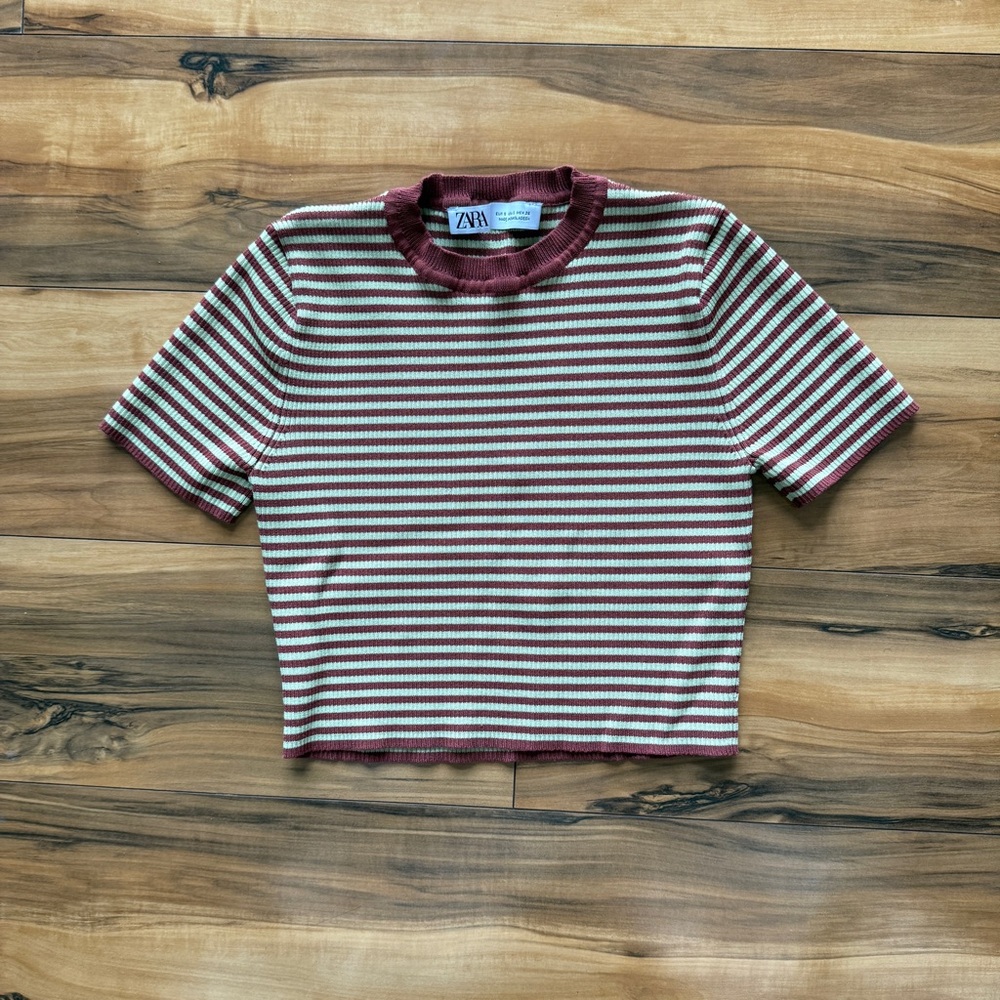 Zara Maroon and Cream Striped Knit Top - Picture 2 of 4